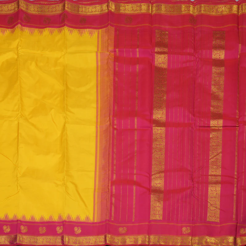 Hayagrivas Handloom Yellow Kanjivaram Silk Saree with Reddish Pink Border KBE1356J1-1 - Image 5