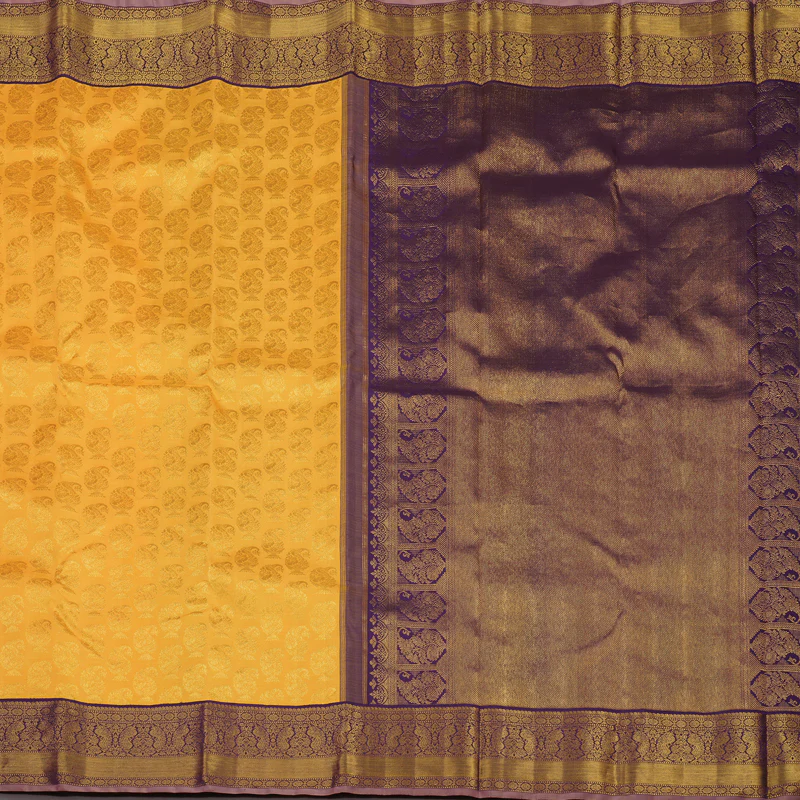 Hayagrivas Handloom Yellow Kanjivaram Silk Saree with Violet Border KBE1270I1-1 - Image 5