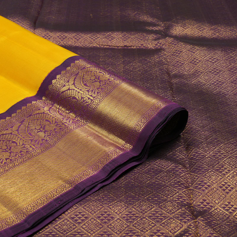 Hayagrivas Handloom Yellow Kanjivaram Silk Saree with Violet Border KBE2377B6-2 - Image 4