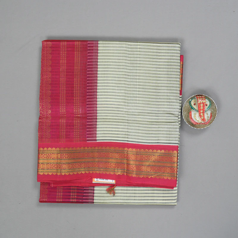 Hayagrivas Ivory & Grey Stripes Pure Silk Cotton Saree SSCBF16D13-3 - Image 2