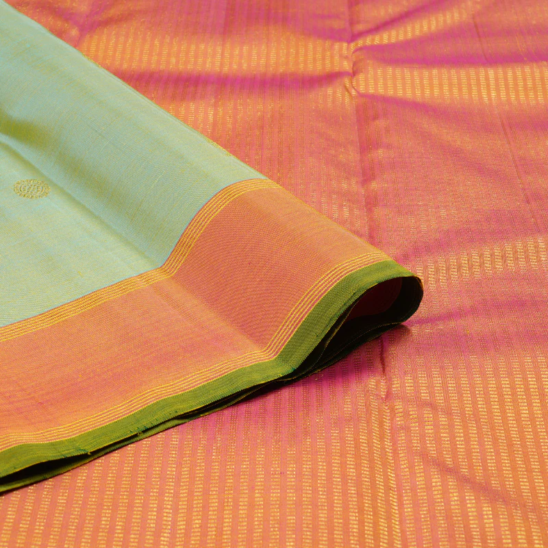 Hayagrivas Light Elaichi Green Handloom Kanjivaram Silk Saree with Dual Tone (Pink With Yellow) Border KBD1835B2-1 - Image 4