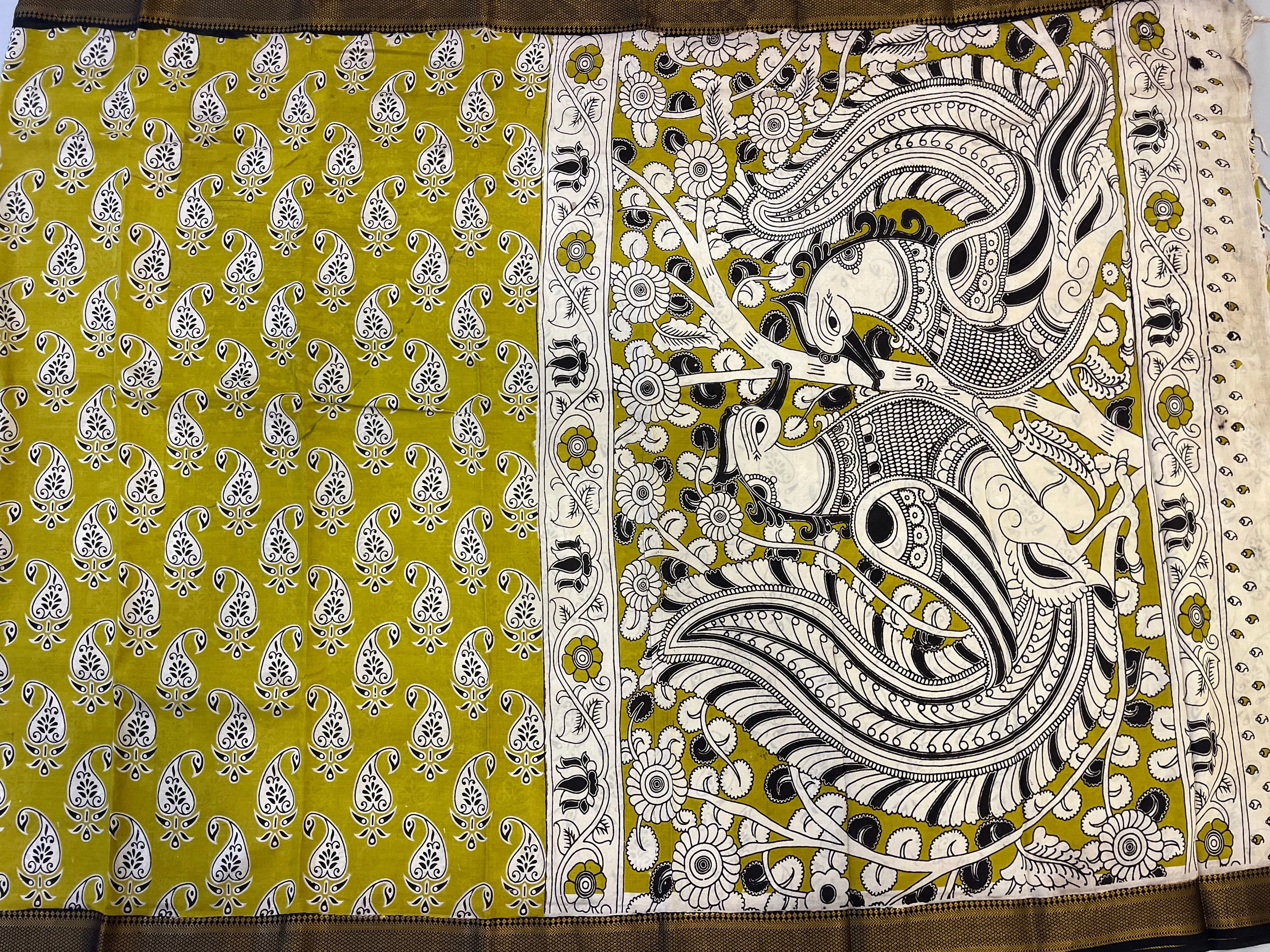 Hayagrivas Lime Green & Blue Kalamkari Sarees - Image 3
