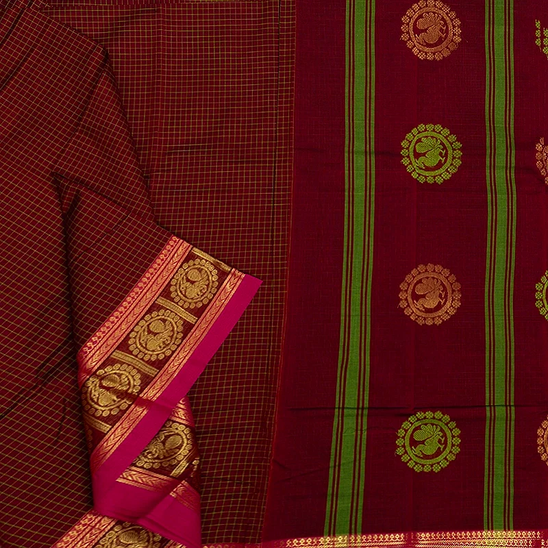 Hayagrivas Maroon Handloom Chettinad Cotton Saree KSBE1H14-8 - Image 2