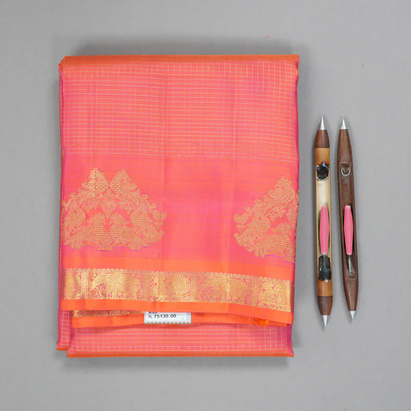 Hayagrivas Orangish-Pink Handloom Ten Yards Silk Saree BF144-SBS KBFL144E1-1