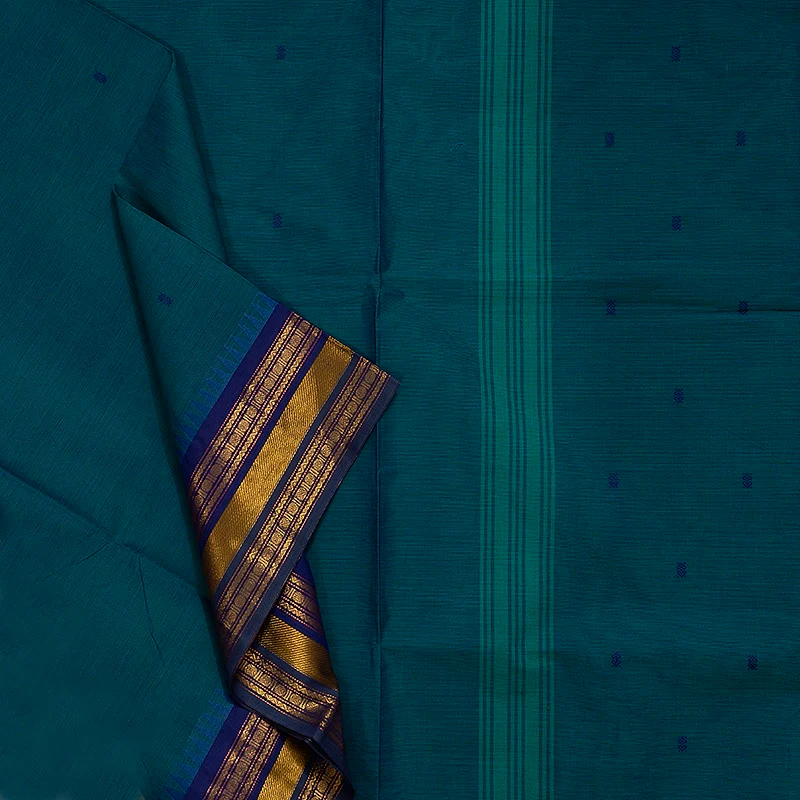 Hayagrivas Peacock Blue Handloom Chettinad Cotton Saree SSCBF63E5-8 - Image 2