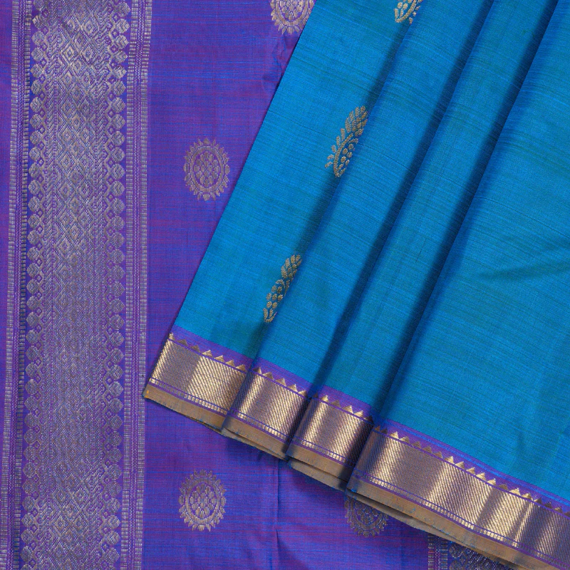 Hayagrivas Peacock Blue Handloom Kanjivaram Silk Saree with Purple Border KBD1921B5-3 - Image 2