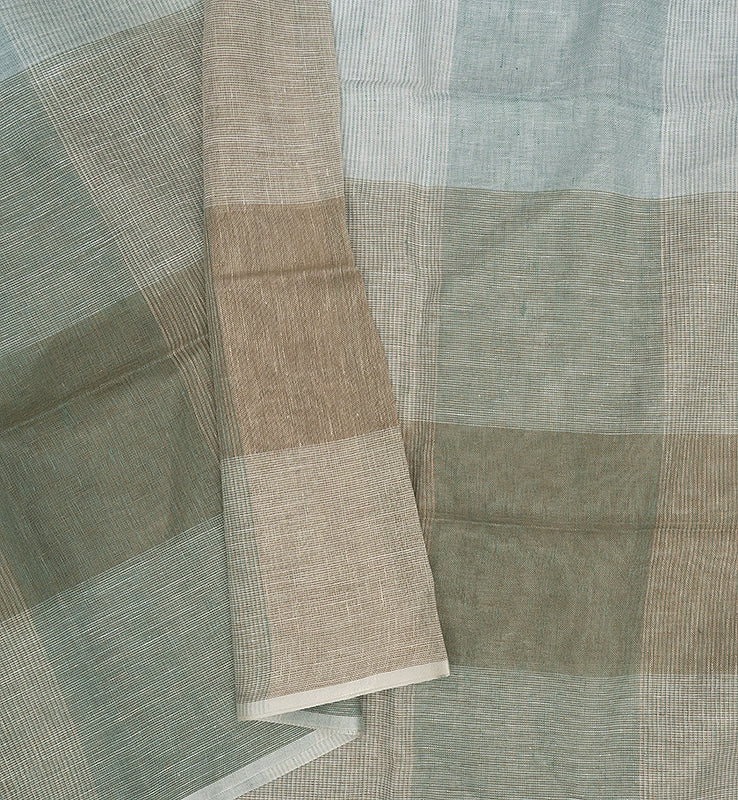 Hayagrivas Pista Green & Powder Blue Checks Handloom Linen Saree KBE2531C3-5 - Image 3