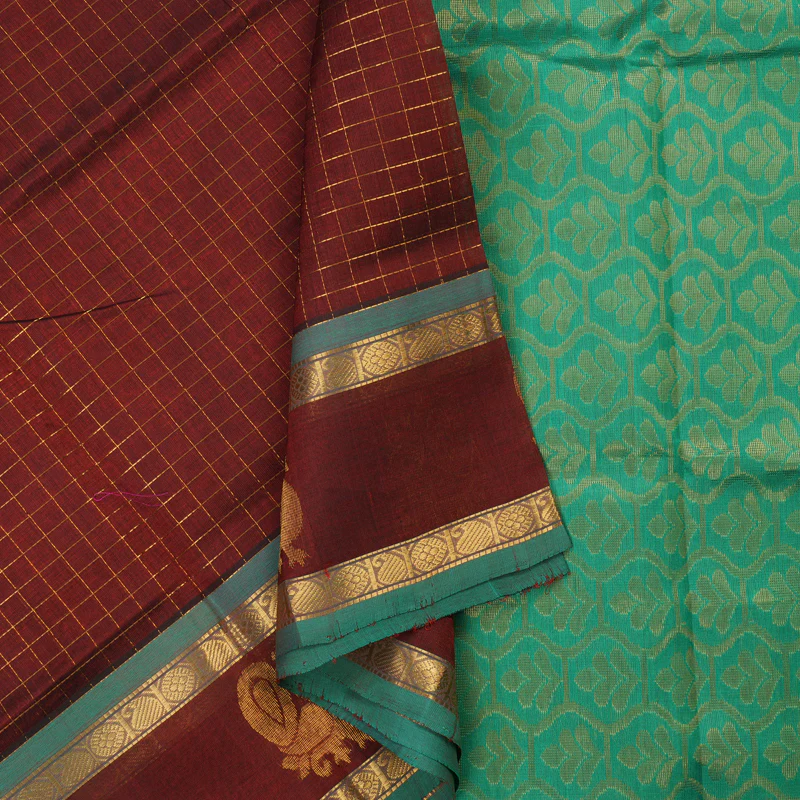 Hayagrivas Pure Silk Cotton saree in Dark Brown with Aqua Blue KBE415E10-1 - Image 2