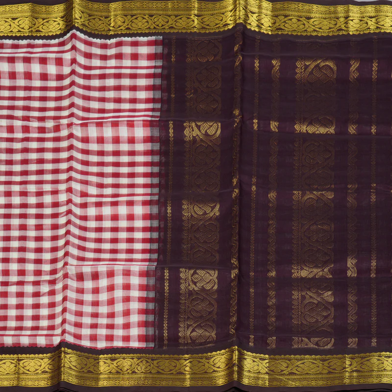 Hayagrivas Red & White Checks Pure Silk Cotton Saree SSCBF36D1-3 - Image 4