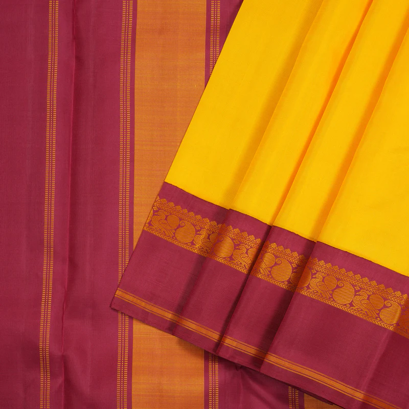 Hayagrivas Yellow Handloom Kanjivaram Silk Saree with Maroon Border KBD2179C5-2 - Image 2